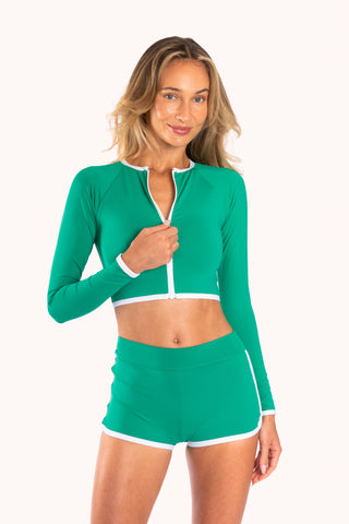 Front view - flat-closure mastectomy Melanie zip-front rash guard, green | POST SWIM