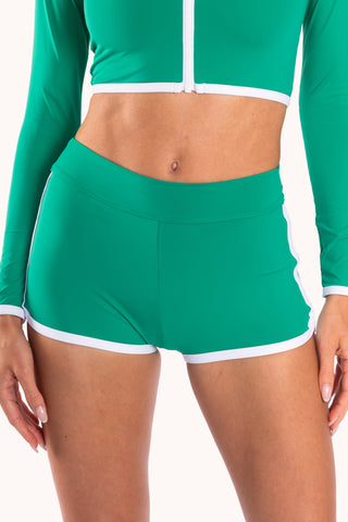 Front view, cropped - post-surgery scar-coverage Sophie boyshort bottom, green | POST SWIM