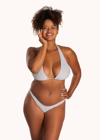 Front view, full body - Ashley medium coverage low rise bikini bottom, city girl stripe | POST SWIM