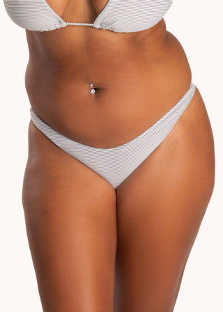 Front view, cropped - Ashley medium coverage low rise bikini bottom, city girl stripe | POST SWIM