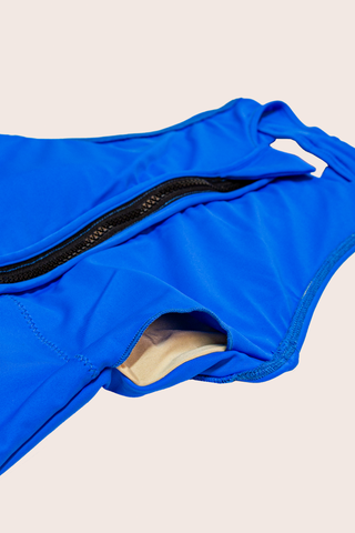 Inside view - Judy mastectomy zip-front one-piece swimsuit prothesis pockets, blue | POST SWIM