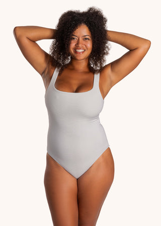 Front view - Jessica One Piece in City Girl Stripe, square-neck one-piece with interior pocket | POST SWIM