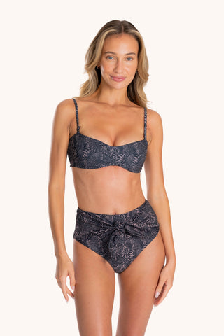 Front view - Joyce Bandeau Bikini Top in Quiet Leopard, flat-friendly bandeau silhouette