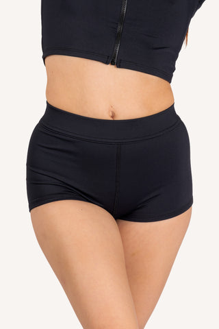 Front view, cropped - post-surgery scar-coverage Jill boyshort bottom, black | POST SWIM