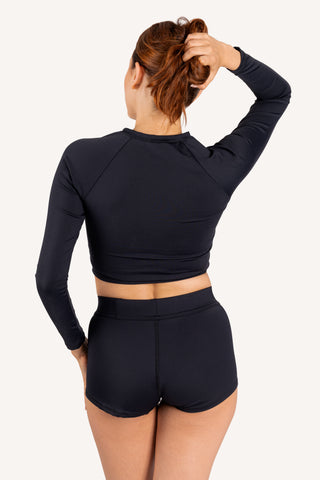 Back view - mastectomy-friendly Melanie rash guard, black | POST SWIM