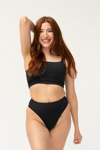Front view - mastectomy square-neck flat friendly Kim bikini top & high-waist bottom, black | POST SWIM