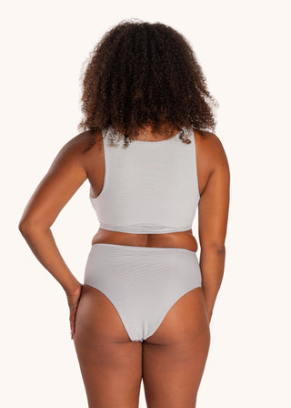 Back view - Lily Bikini Bottom in City Girl Stripe from POST SWIM in collaboration with The Chemo Club, high-rise adjustable tie front