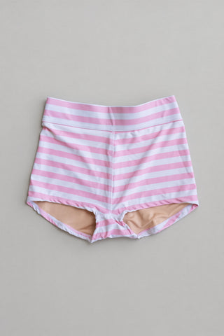 Pink & White Striped Boy Short bikini bottom, back view, factory second | POST SWIM