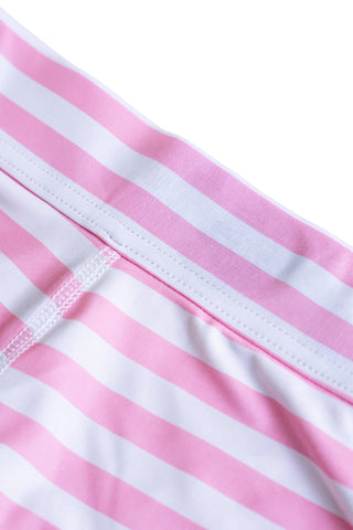 Close-up of Pink & White Striped Boy Short back seam and stitching, factory second | POST SWIM