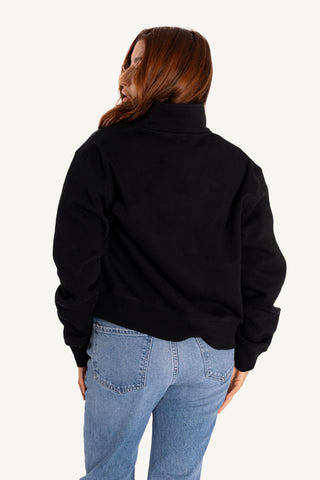 half zip sweatshirt, recycled material, comfortable fit, post swim logo, womens sweatshirt, athleisure, black sweatshirt