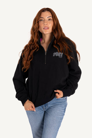 half zip sweatshirt, recycled material, comfortable fit, post swim logo, womens sweatshirt, athleisure, black sweatshirt