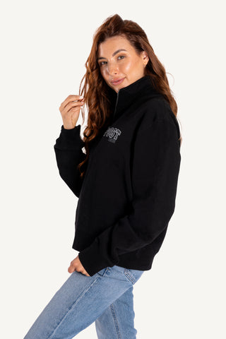 half zip sweatshirt, recycled material, comfortable fit, post swim logo, womens sweatshirt, athleisure, black sweatshirt