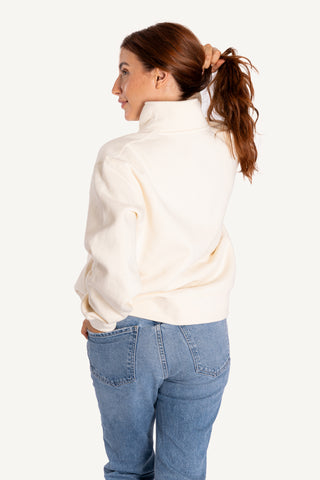 half zip sweatshirt, recycled material, comfortable fit, post swim logo, womens sweatshirt, athleisure, white sweatshirt