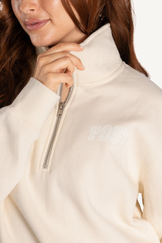half zip sweatshirt, recycled material, comfortable fit, post swim logo, womens sweatshirt, athleisure, white sweatshirt