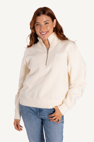 half zip sweatshirt, recycled material, comfortable fit, post swim logo, womens sweatshirt, athleisure, white sweatshirt