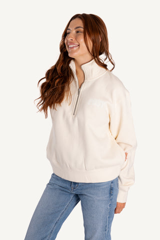 half zip sweatshirt, recycled material, comfortable fit, post swim logo, womens sweatshirt, athleisure, white sweatshirt